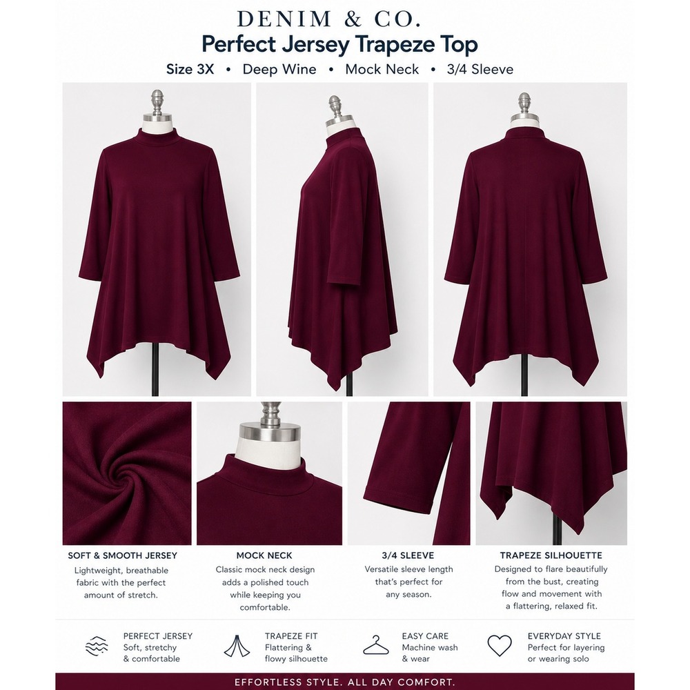 Denim & Co Womens 3X Deep Wine Mock Neck Perfect Jersey Trapeze Top A296463 NWT